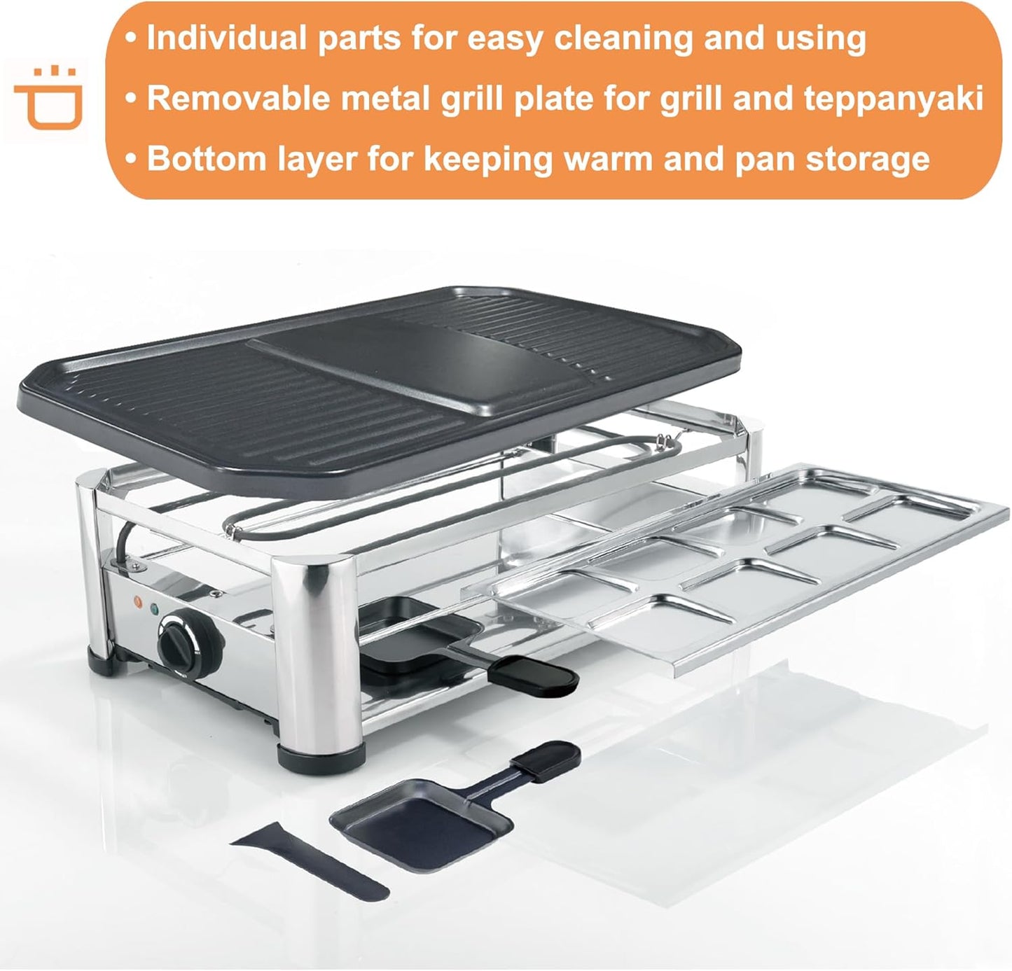 Portable Electric Raclette Cheese Table Grill for Indoor Korean BBQ - 1400 W Party Grill with Nonstick Iron Plate - Stainless Steel - Perfect for Home Parties