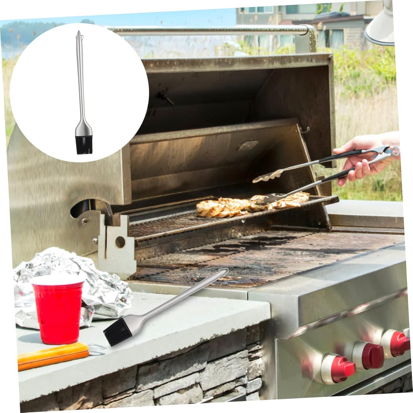 Portable Grill Set with Barbecue Brush, Oil Dispenser, Oven Mitts, and More - Silver Cookware Pan Organizer for Frying Cooker Rack