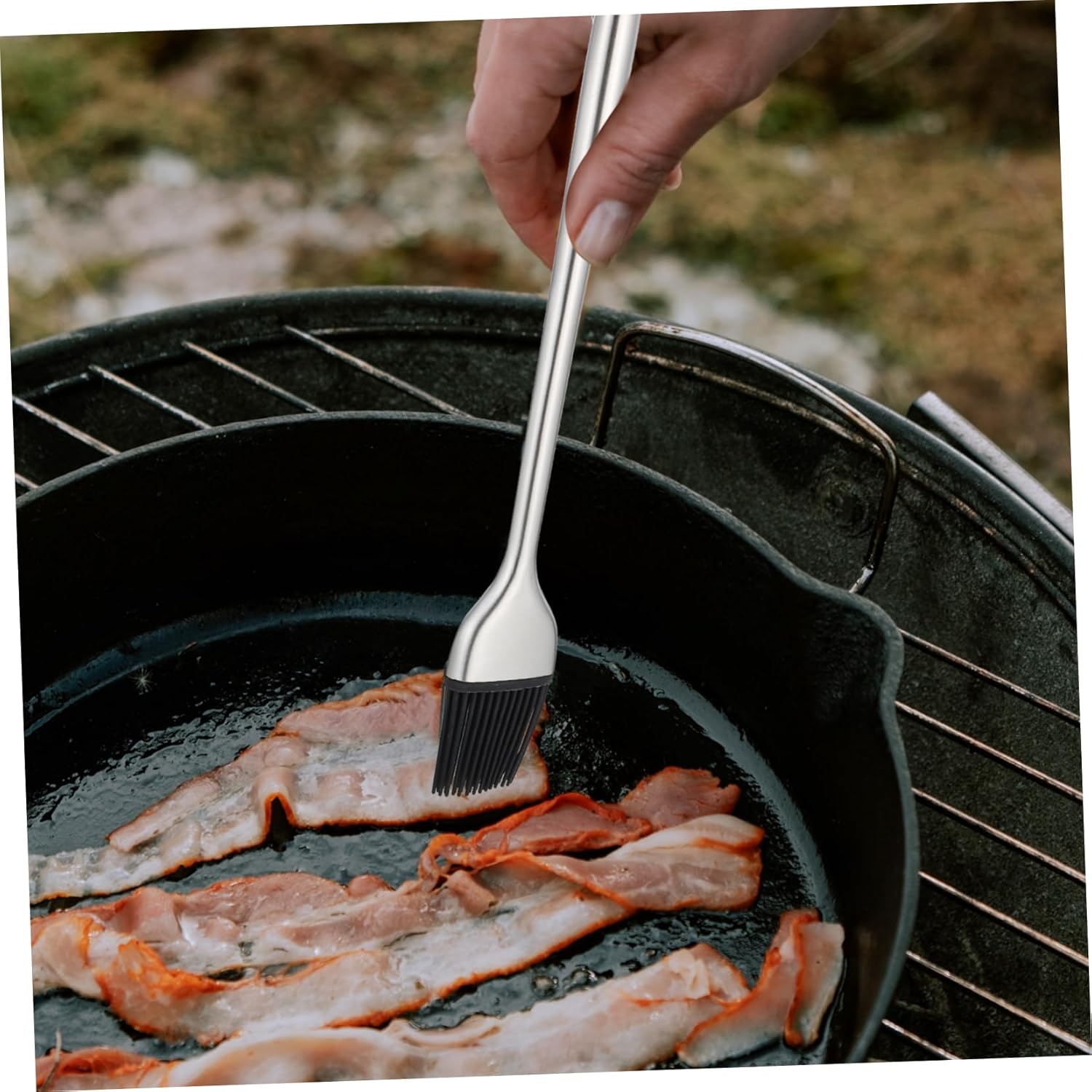 Portable Grill Set with Barbecue Brush, Oil Dispenser, Oven Mitts, and More - Silver Cookware Pan Organizer for Frying Cooker Rack