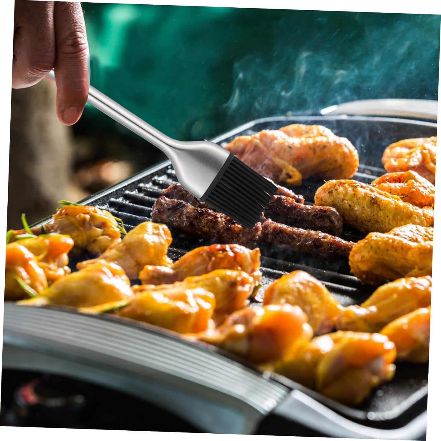 Portable Grill Set with Barbecue Brush, Oil Dispenser, Oven Mitts, and More - Silver Cookware Pan Organizer for Frying Cooker Rack