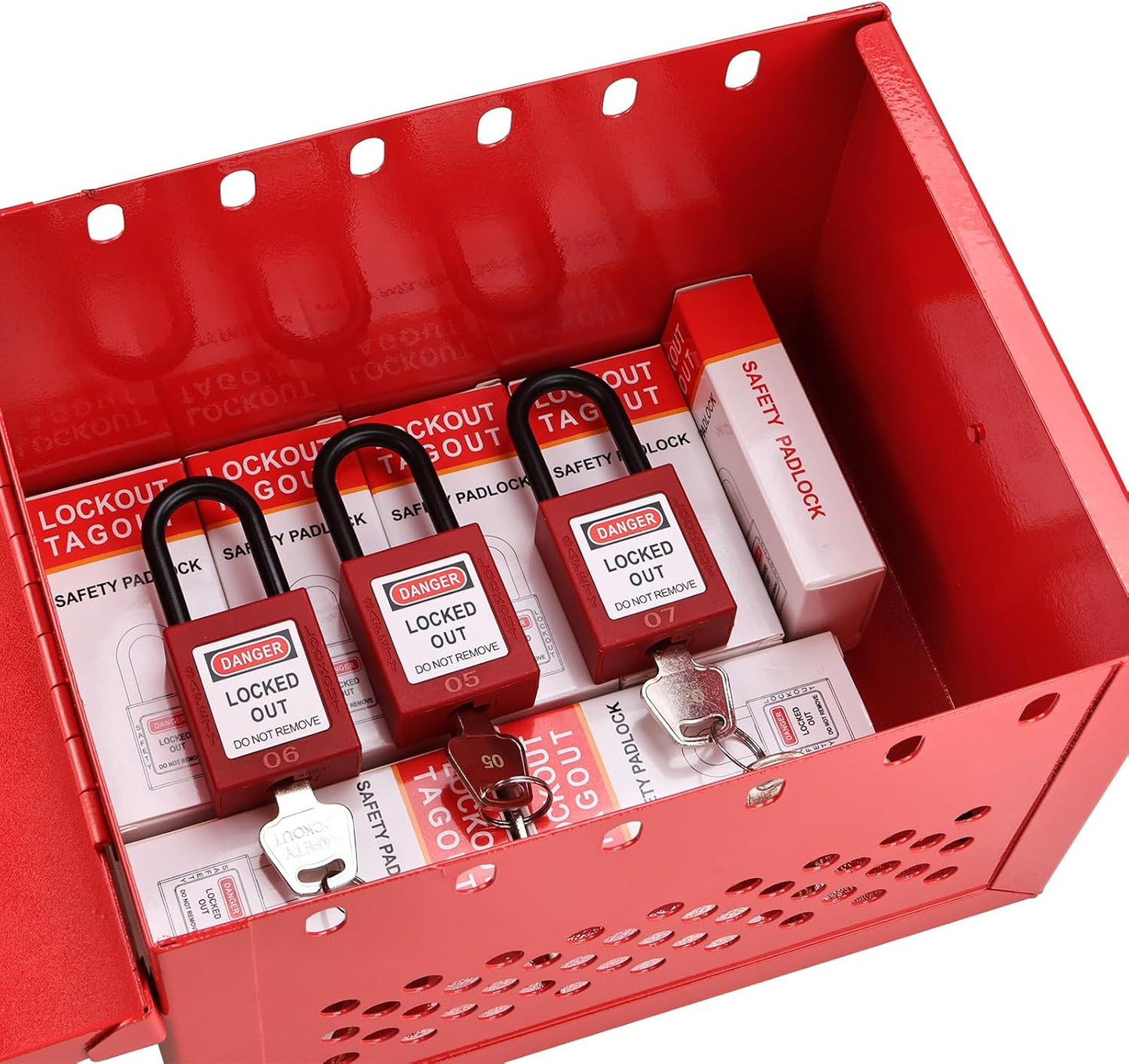 Portable Lockout Tagout Box - Large Loto Group Lock Box, Red, 12 Padlock Capacity (9-1/4 x 7-1/4 x 6 Inch) - RealPlus