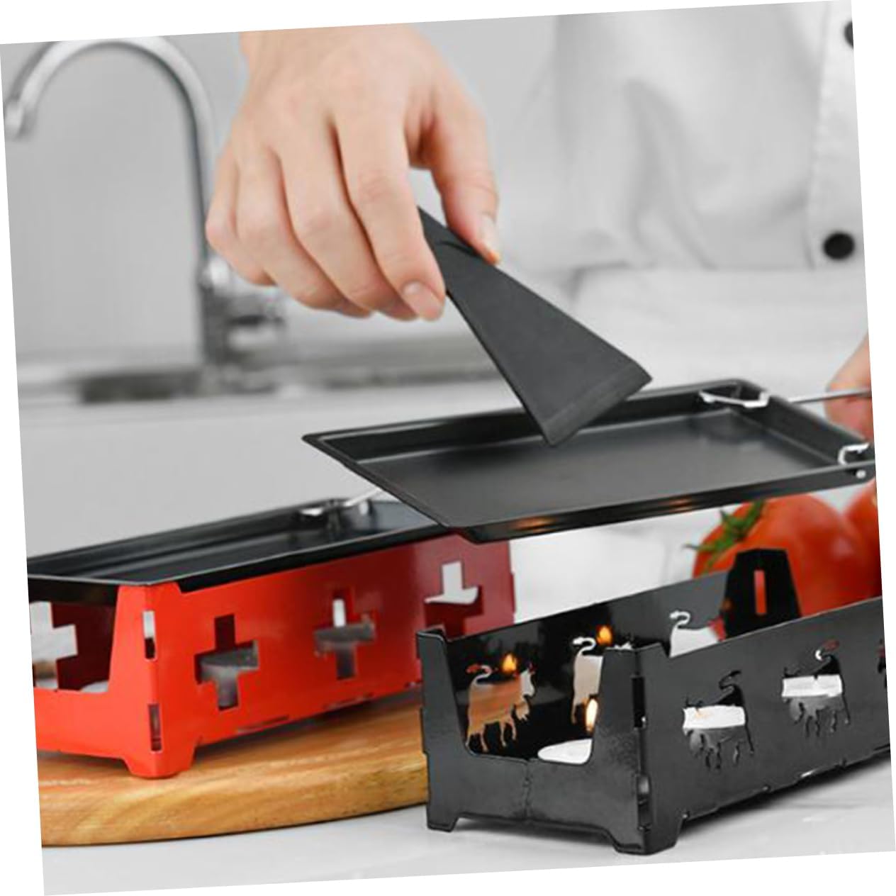 Portable Mini Non-Stick Baking Tray & Cheese Grill Set for Outdoor Camping - High Temp Resistant Black Handle Kitchen Tool