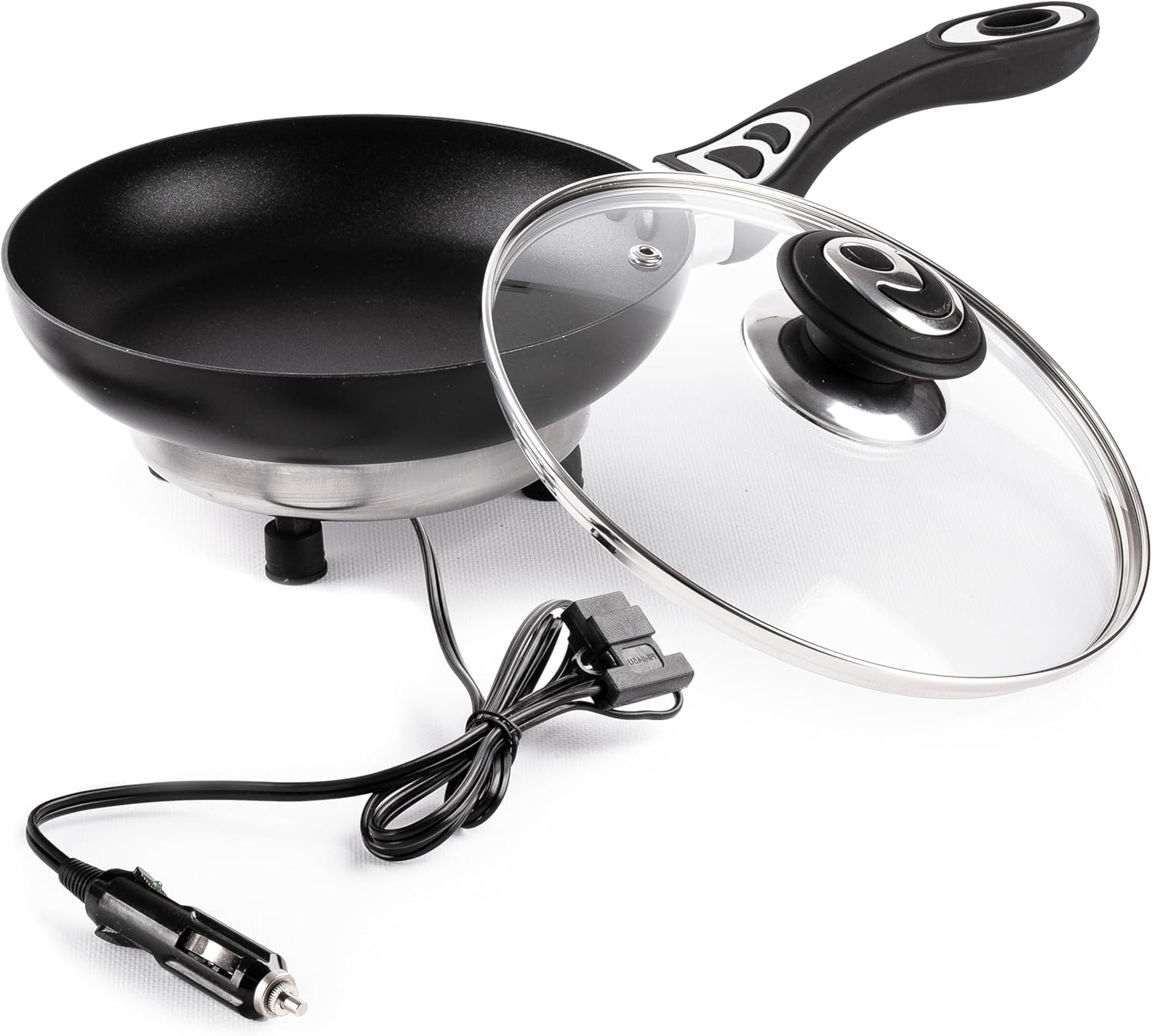 Portable Non-Stick 12V Frying Pan with Glass Lid, 7.5-inch, Stay-Cool Handles - Ideal for Camping & Picnics