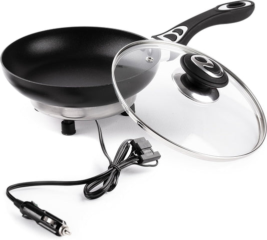 Portable Non-Stick 12V Frying Pan with Glass Lid, 7.5-inch, Stay-Cool Handles - Ideal for Camping & Picnics