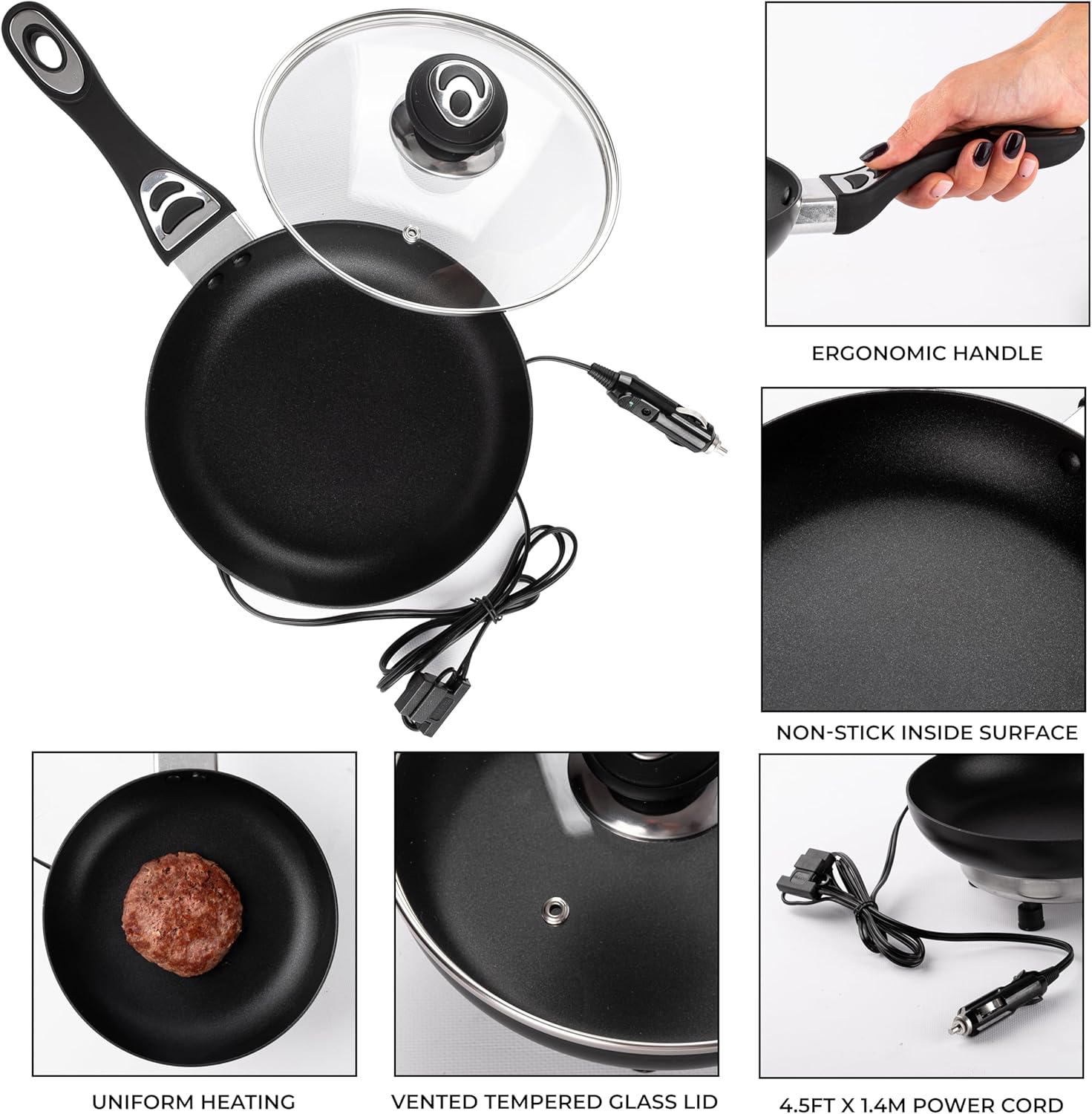 Portable Non-Stick 12V Frying Pan with Glass Lid, 7.5-inch, Stay-Cool Handles - Ideal for Camping & Picnics