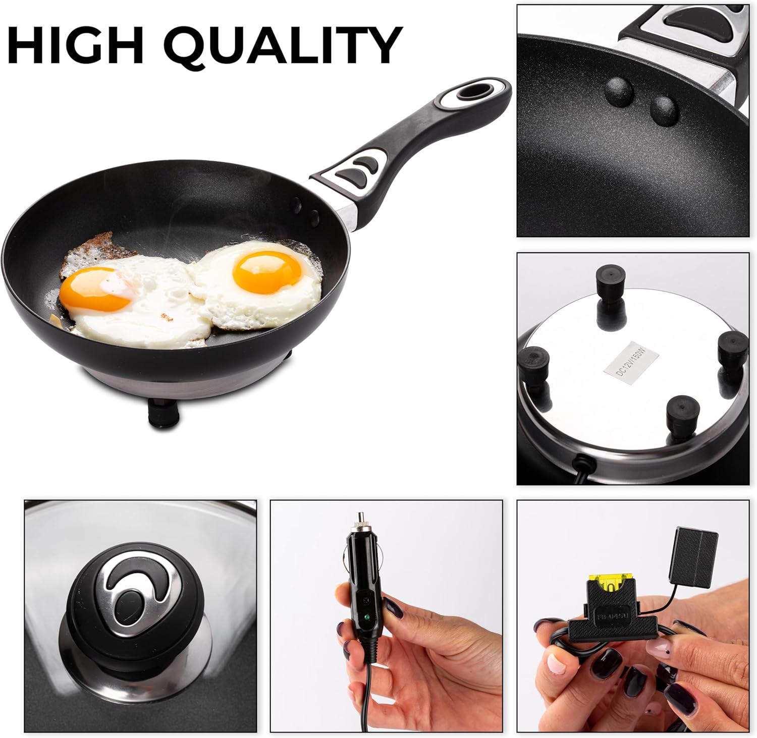 Portable Non-Stick 12V Frying Pan with Glass Lid, 7.5-inch, Stay-Cool Handles - Ideal for Camping & Picnics