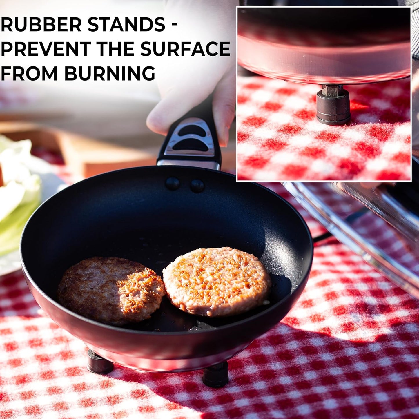 Portable Non-Stick 12V Frying Pan with Glass Lid, 7.5-inch, Stay-Cool Handles - Ideal for Camping & Picnics