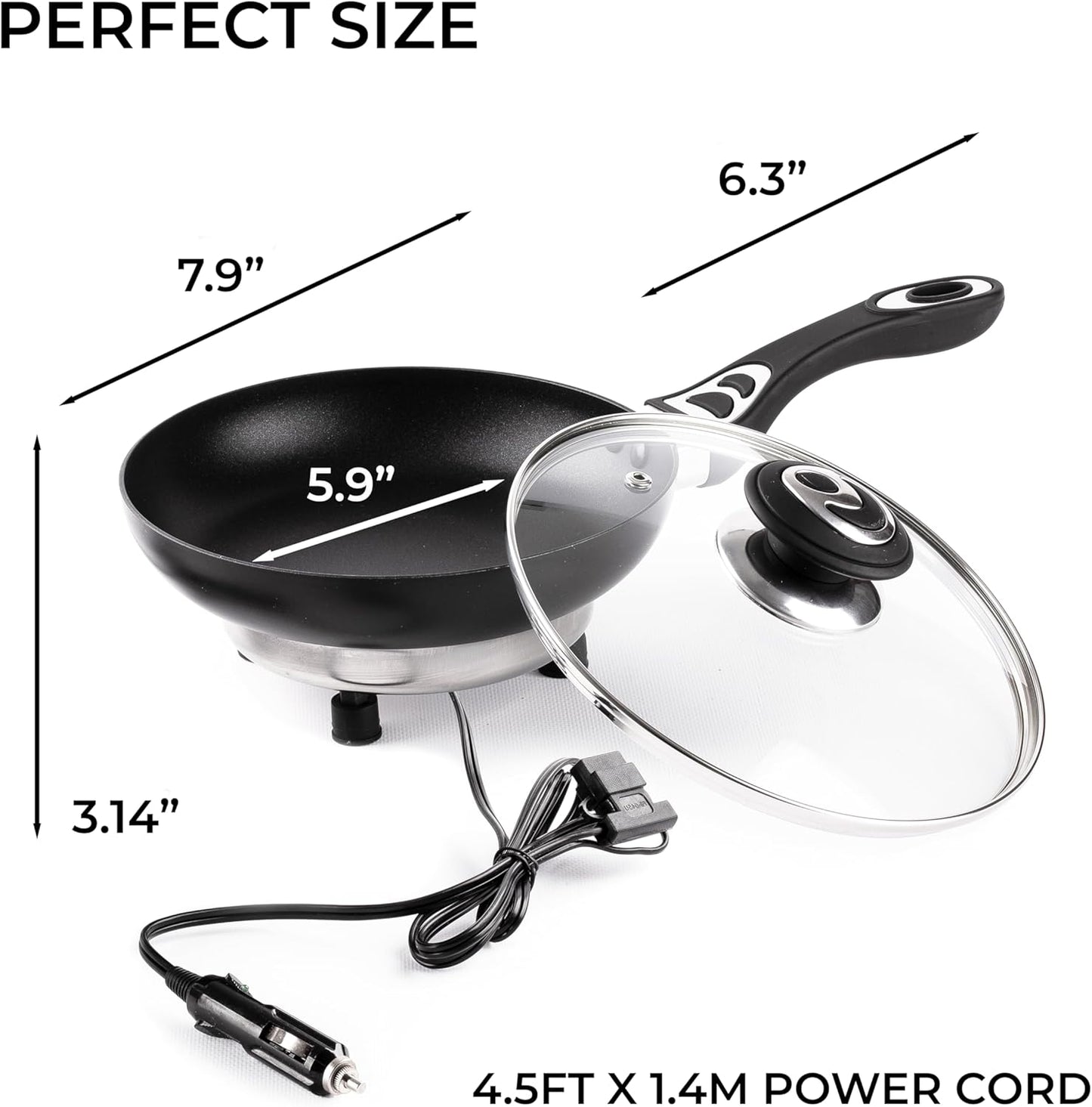 Portable Non-Stick 12V Frying Pan with Glass Lid, 7.5-inch, Stay-Cool Handles - Ideal for Camping & Picnics