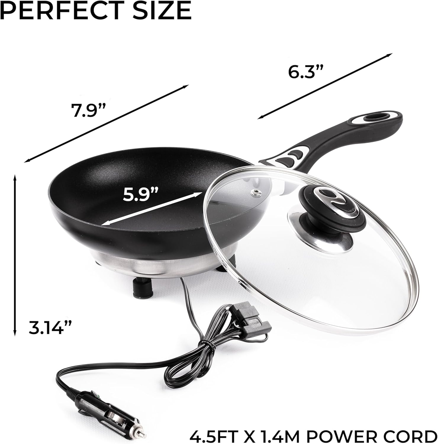 Portable Non-Stick 12V Frying Pan with Glass Lid, 7.5-inch, Stay-Cool Handles - Ideal for Camping & Picnics