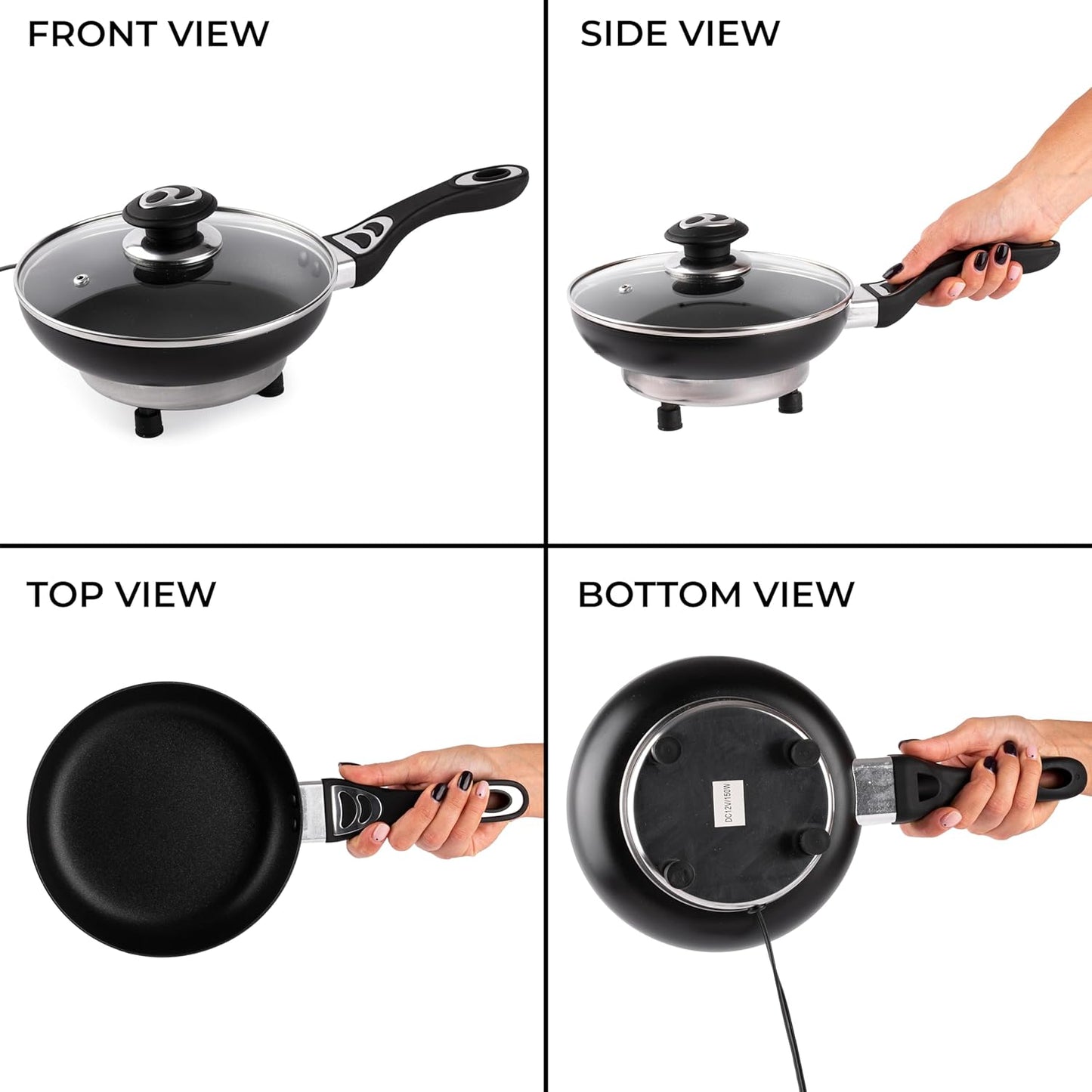Portable Non-Stick 12V Frying Pan with Glass Lid, 7.5-inch, Stay-Cool Handles - Ideal for Camping & Picnics