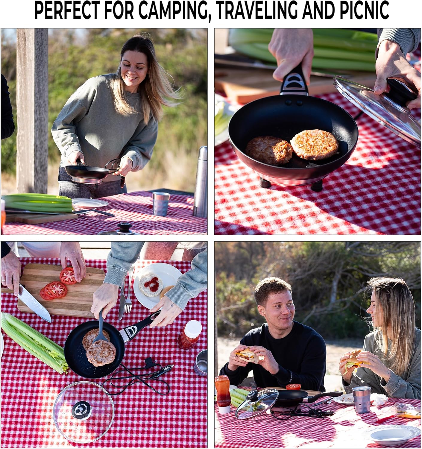 Portable Non-Stick 12V Frying Pan with Glass Lid, 7.5-inch, Stay-Cool Handles - Ideal for Camping & Picnics