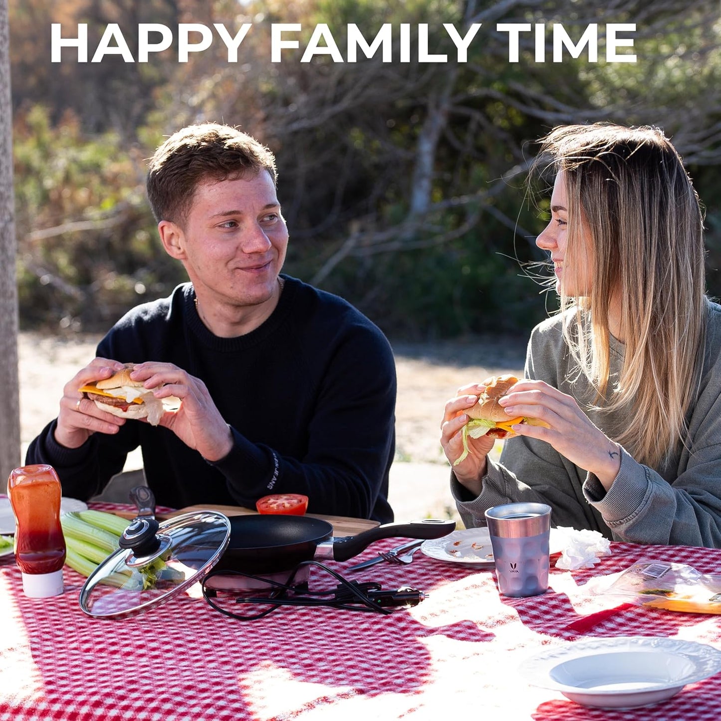 Portable Non-Stick 12V Frying Pan with Glass Lid, 7.5-inch, Stay-Cool Handles - Ideal for Camping & Picnics