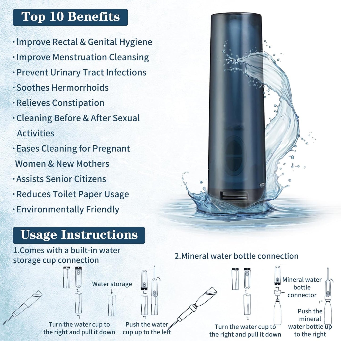 Portable Rechargeable Bidet Sprayer for Travel - High Pressure, Personal Hygiene, Adapter for Other Bottles - Men and Women