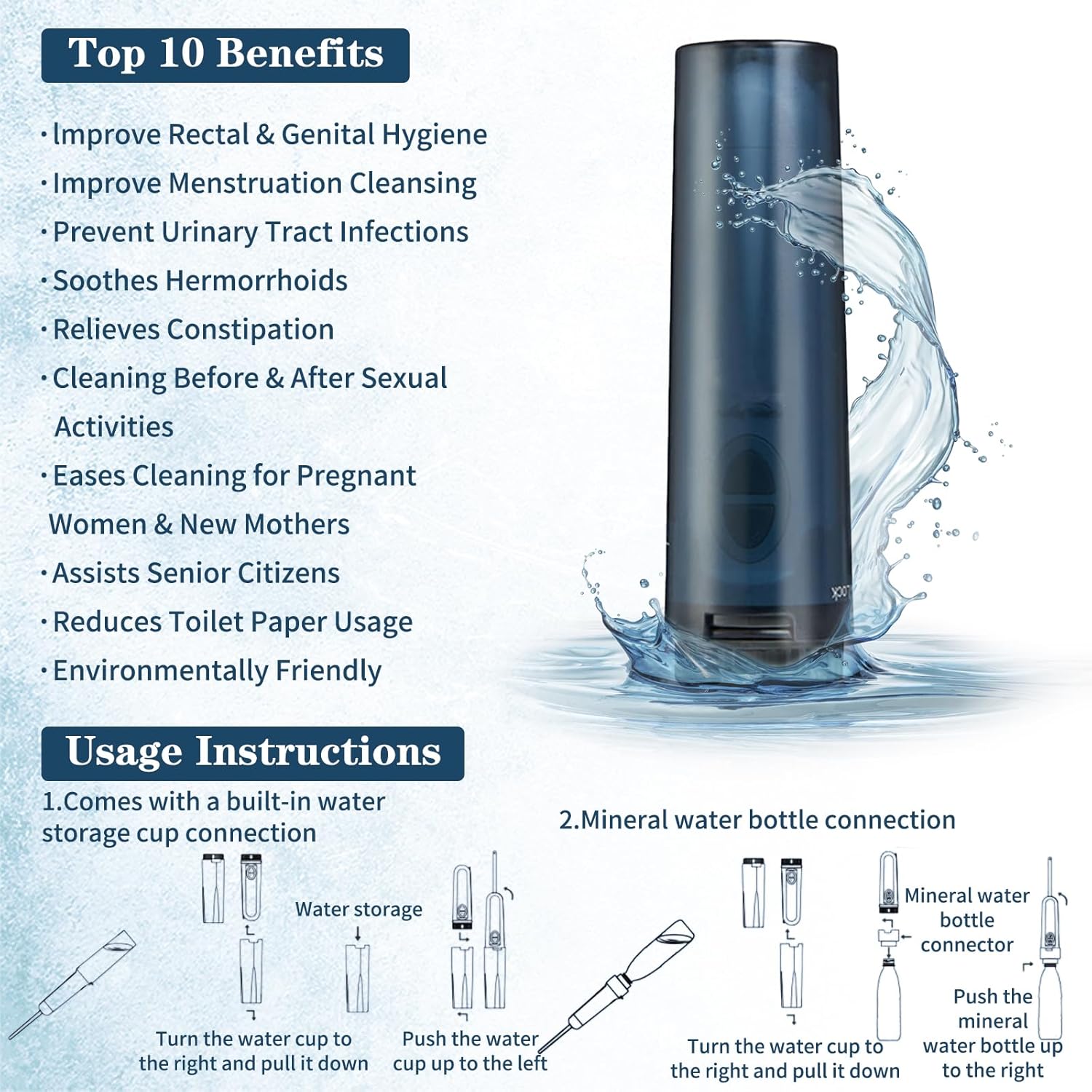 Portable Rechargeable Bidet Sprayer for Travel - High Pressure, Personal Hygiene, Adapter for Other Bottles - Men and Women