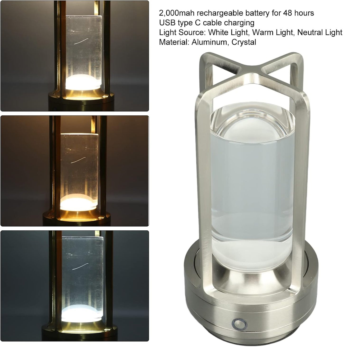 Portable Rechargeable Touch Lamp with Crystal Lampshade - 3 Colors Stepless Dimming LED Bedside Lamp - Universal USB Charging - Ideal for Bedroom and Study - Silver