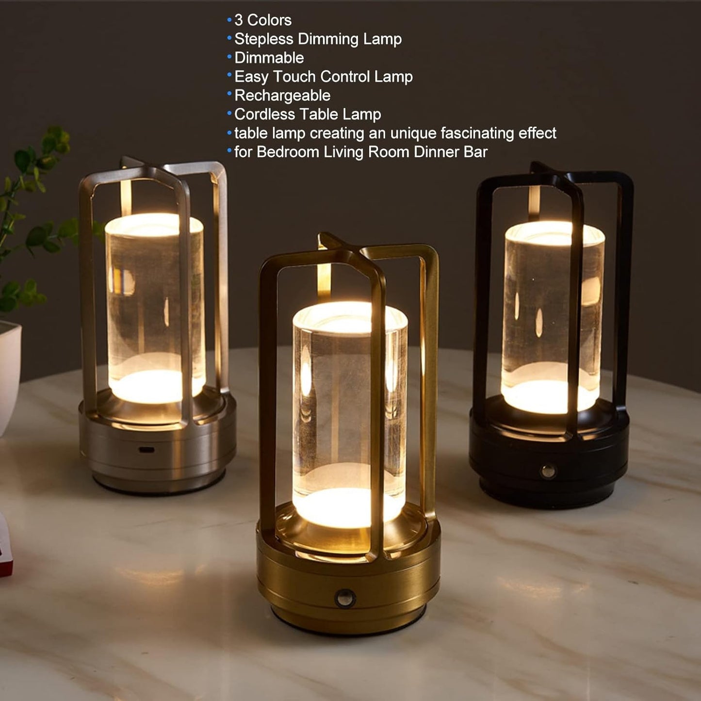 Portable Rechargeable Touch Lamp with Crystal Lampshade - 3 Colors Stepless Dimming LED Bedside Lamp - Universal USB Charging - Ideal for Bedroom and Study - Silver
