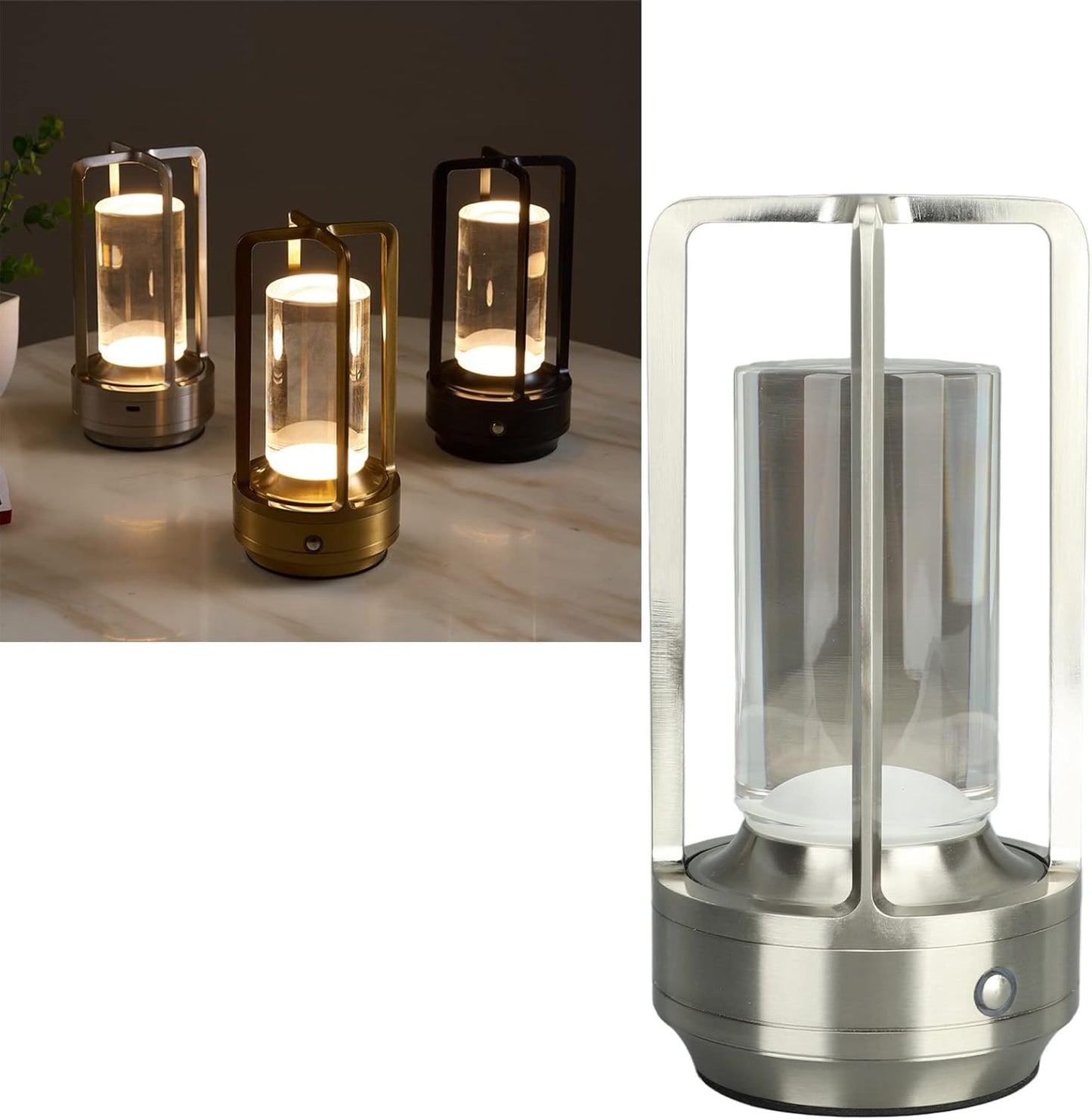 Portable Rechargeable Touch Lamp with Crystal Lampshade - 3 Colors Stepless Dimming LED Bedside Lamp - Universal USB Charging - Ideal for Bedroom and Study - Silver
