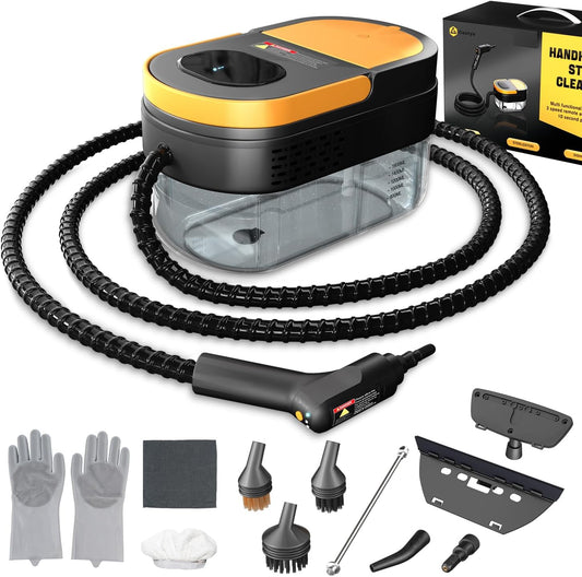 Portable Steam Cleaner with Adjustable Handle, Quick Heat-Up, 1.69 Quart Tank and 11 Accessories - Ideal for Home Cleaning of Dirt, Grease, Grout, Tile, Floor, Couch, and Car