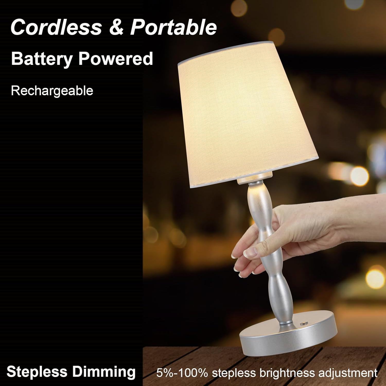 Portable Touch Table Lamp with Rechargeable Battery - 3-Level Brightness for Bedroom, Restaurant, Bars, Outdoor - Silver