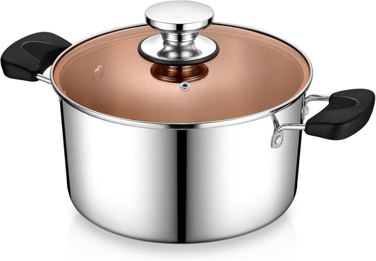 P&P CHEF 5 Qt Stainless Steel Stock Pot with Lid, 3-Ply Construction for Pasta & Soup, Compatible with Multi Stoves, Heat-proof Handle & Clear Lid, Heavy Duty & Dishwasher Safe