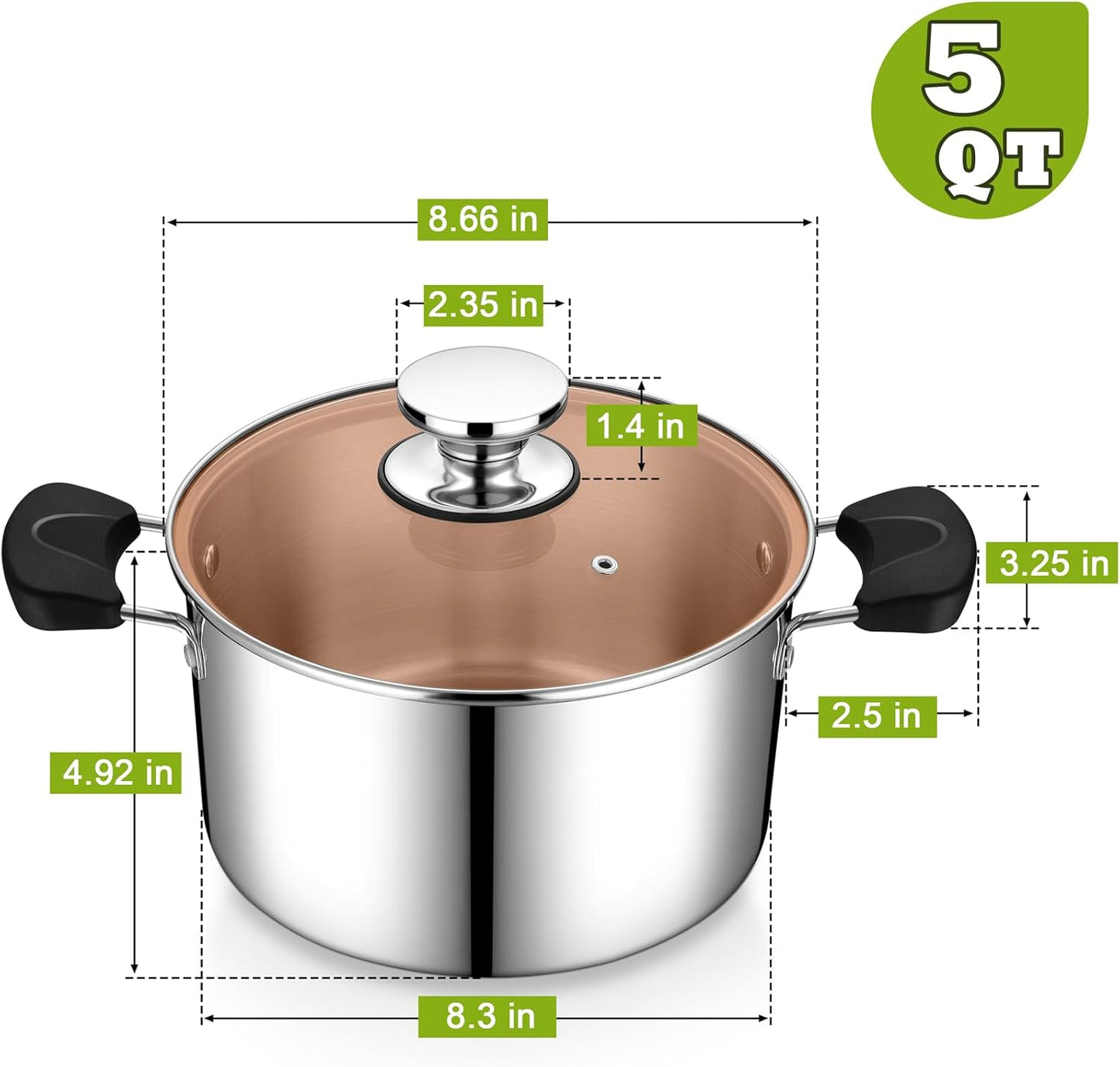 P&P CHEF 5 Qt Stainless Steel Stock Pot with Lid, 3-Ply Construction for Pasta & Soup, Compatible with Multi Stoves, Heat-proof Handle & Clear Lid, Heavy Duty & Dishwasher Safe