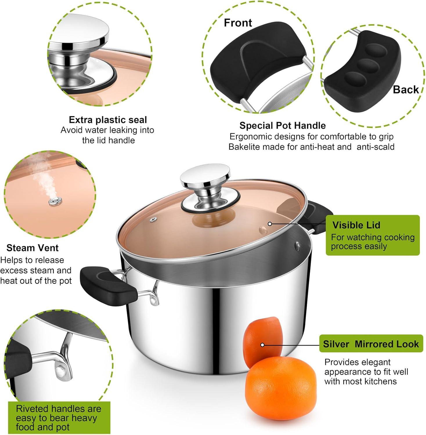 P&P CHEF 5 Qt Stainless Steel Stock Pot with Lid, 3-Ply Construction for Pasta & Soup, Compatible with Multi Stoves, Heat-proof Handle & Clear Lid, Heavy Duty & Dishwasher Safe