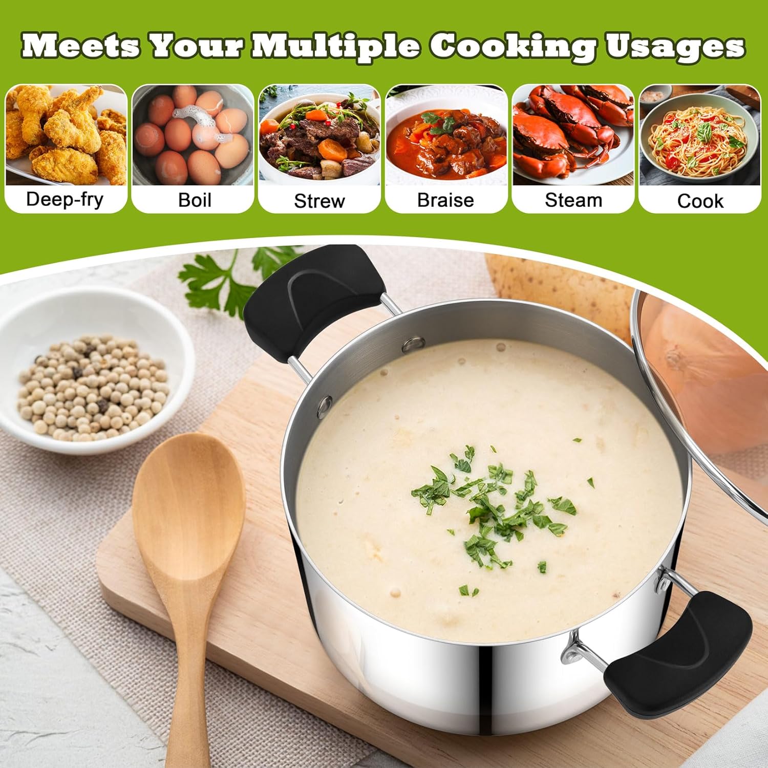 P&P CHEF 5 Qt Stainless Steel Stock Pot with Lid, 3-Ply Construction for Pasta & Soup, Compatible with Multi Stoves, Heat-proof Handle & Clear Lid, Heavy Duty & Dishwasher Safe