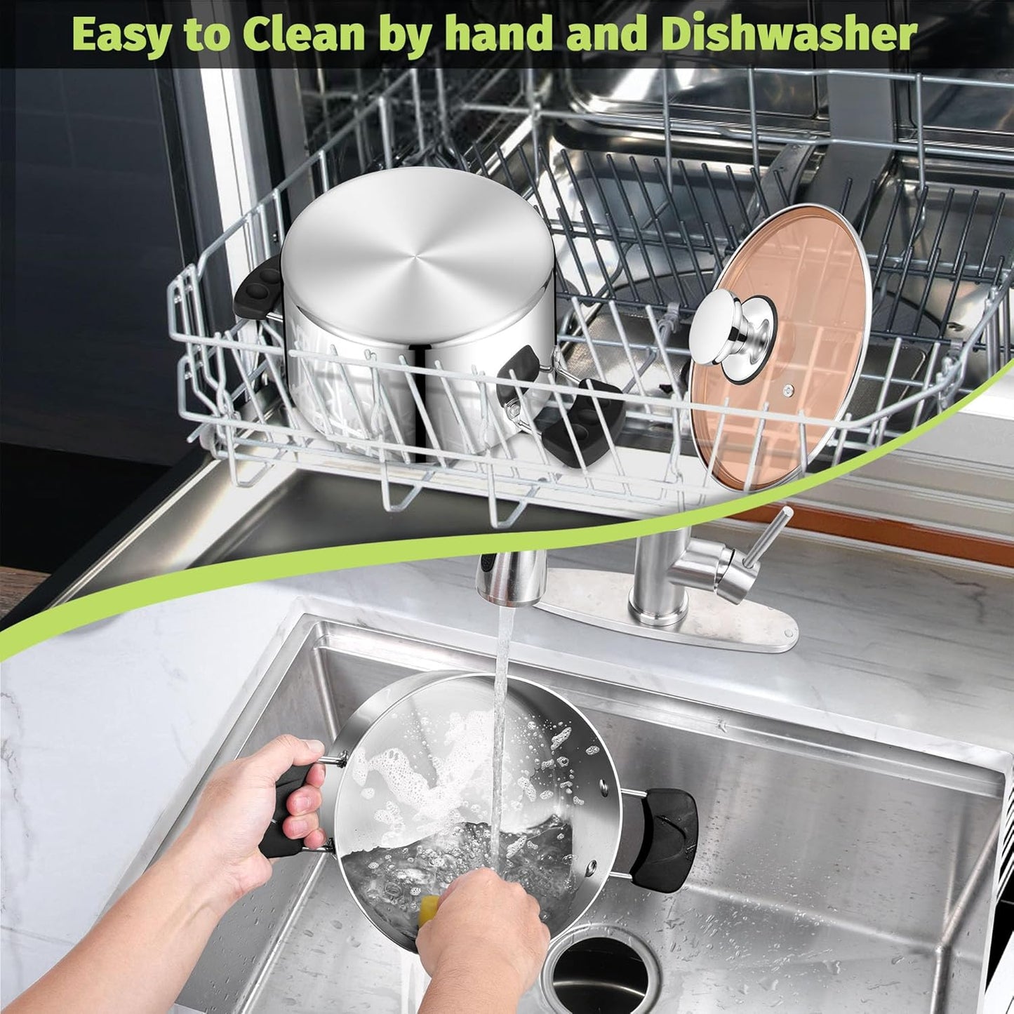 P&P CHEF 5 Qt Stainless Steel Stock Pot with Lid, 3-Ply Construction for Pasta & Soup, Compatible with Multi Stoves, Heat-proof Handle & Clear Lid, Heavy Duty & Dishwasher Safe