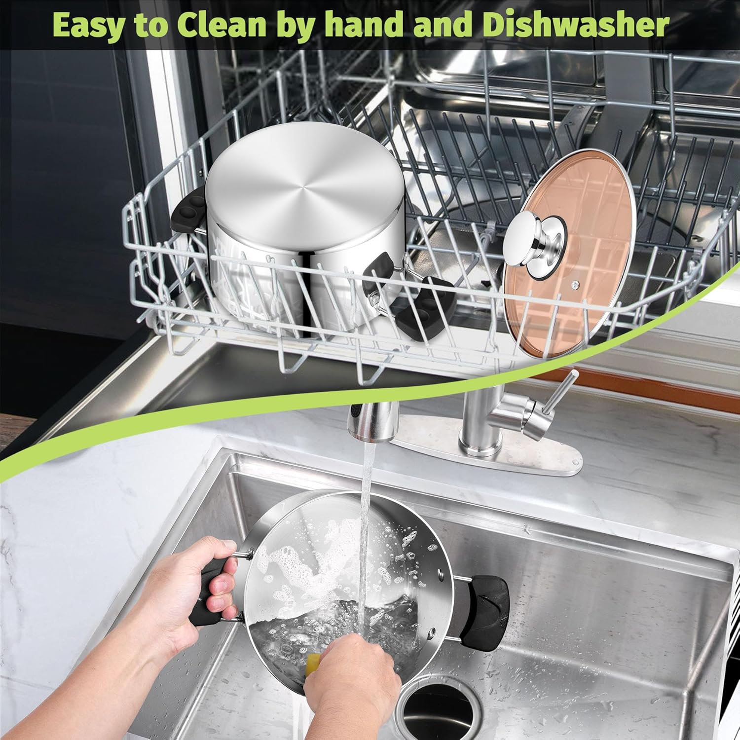 P&P CHEF 5 Qt Stainless Steel Stock Pot with Lid, 3-Ply Construction for Pasta & Soup, Compatible with Multi Stoves, Heat-proof Handle & Clear Lid, Heavy Duty & Dishwasher Safe