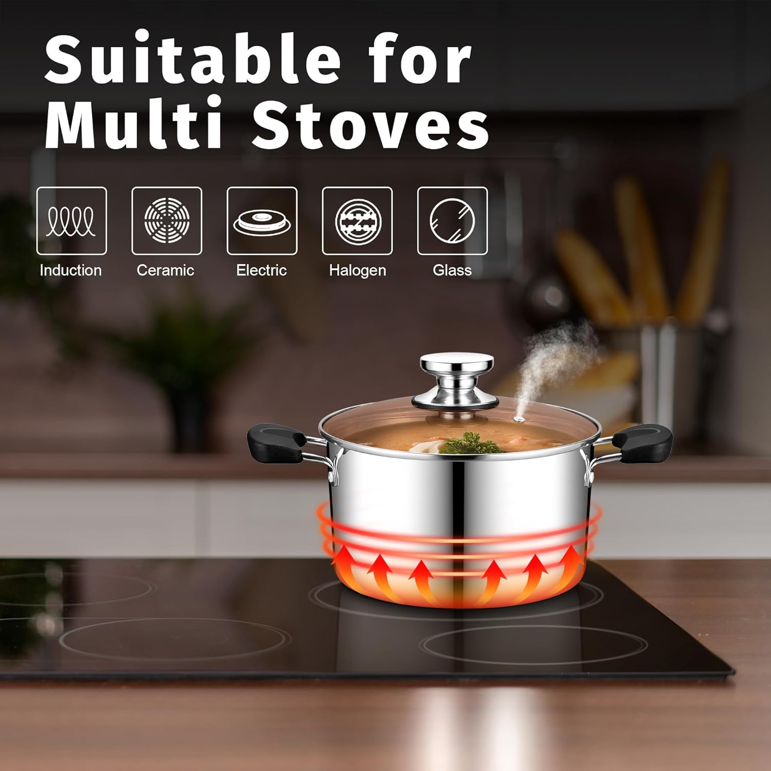 P&P CHEF 5 Qt Stainless Steel Stock Pot with Lid, 3-Ply Construction for Pasta & Soup, Compatible with Multi Stoves, Heat-proof Handle & Clear Lid, Heavy Duty & Dishwasher Safe