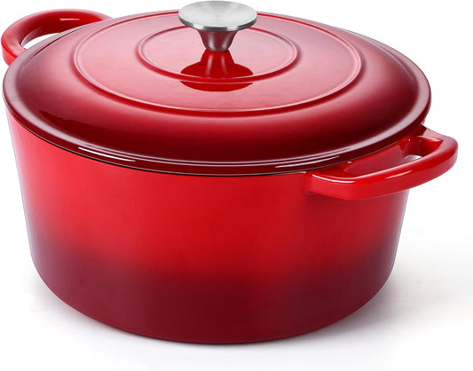 P&P CHEF 6 Quart Enameled Cast Iron Dutch Oven Pot for Braising, Stewing, Roasting, Baking - Red Color
