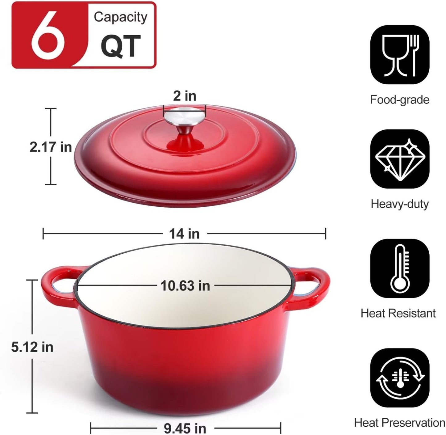 P&P CHEF 6 Quart Enameled Cast Iron Dutch Oven Pot for Braising, Stewing, Roasting, Baking - Red Color