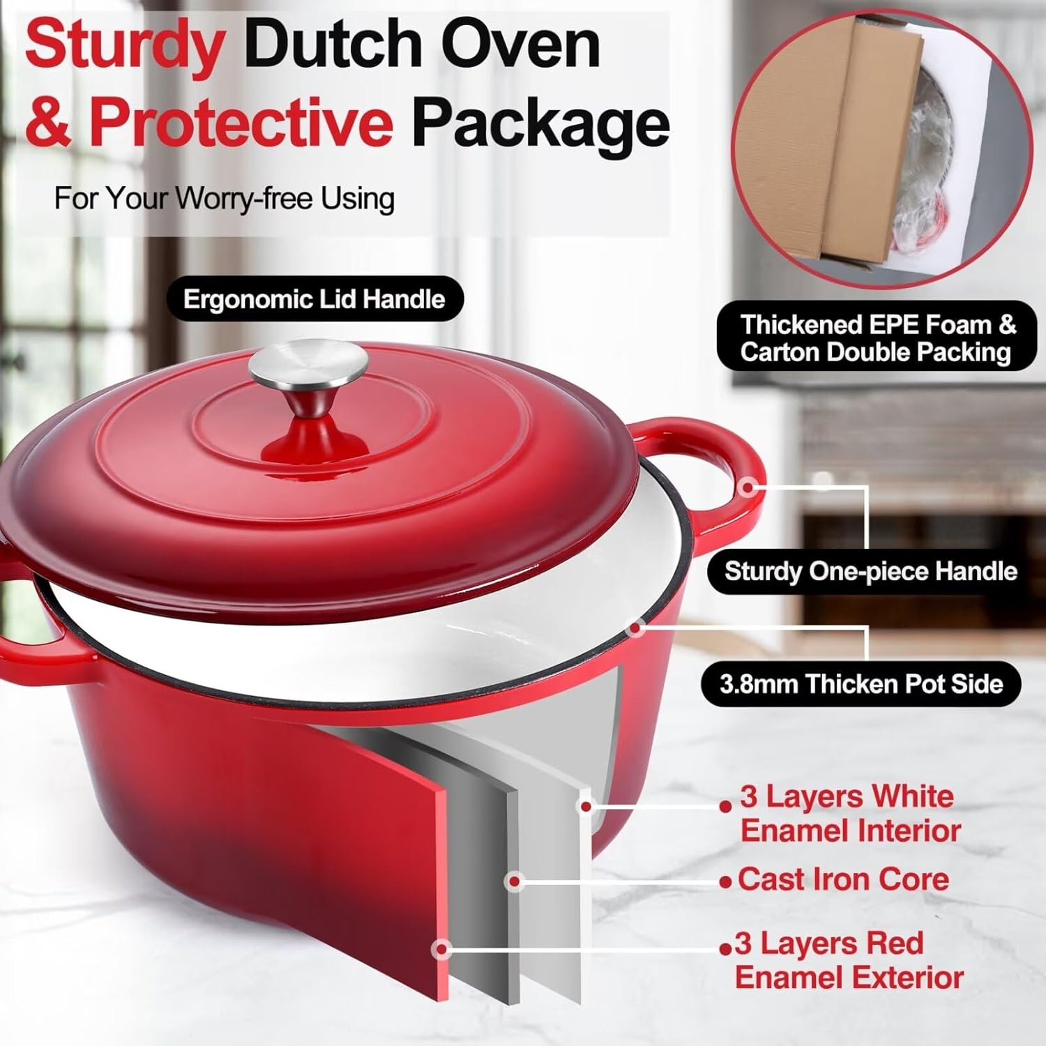 P&P CHEF 6 Quart Enameled Cast Iron Dutch Oven Pot for Braising, Stewing, Roasting, Baking - Red Color