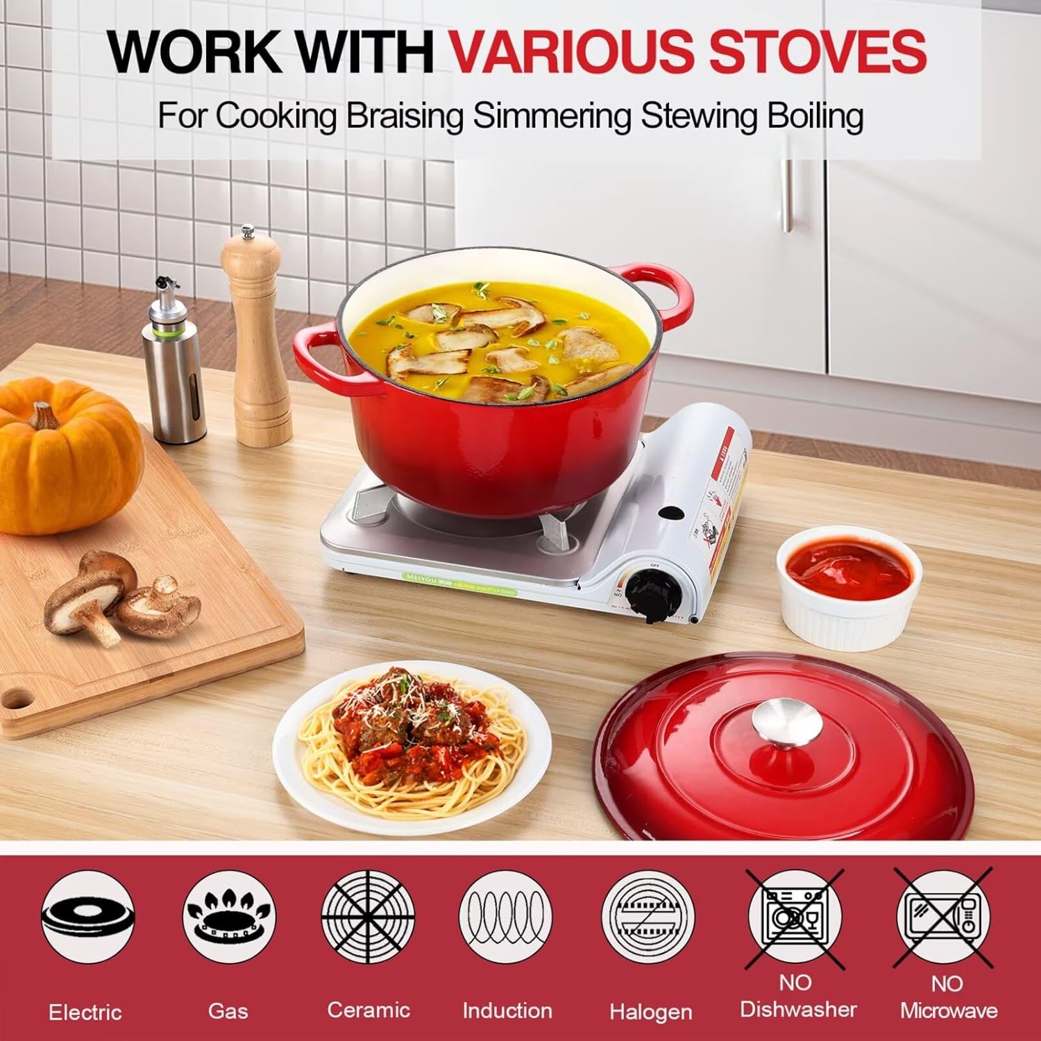 P&P CHEF 6 Quart Enameled Cast Iron Dutch Oven Pot for Braising, Stewing, Roasting, Baking - Red Color
