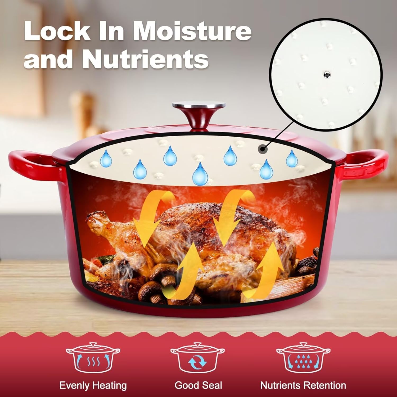 P&P CHEF 6 Quart Enameled Cast Iron Dutch Oven Pot for Braising, Stewing, Roasting, Baking - Red Color