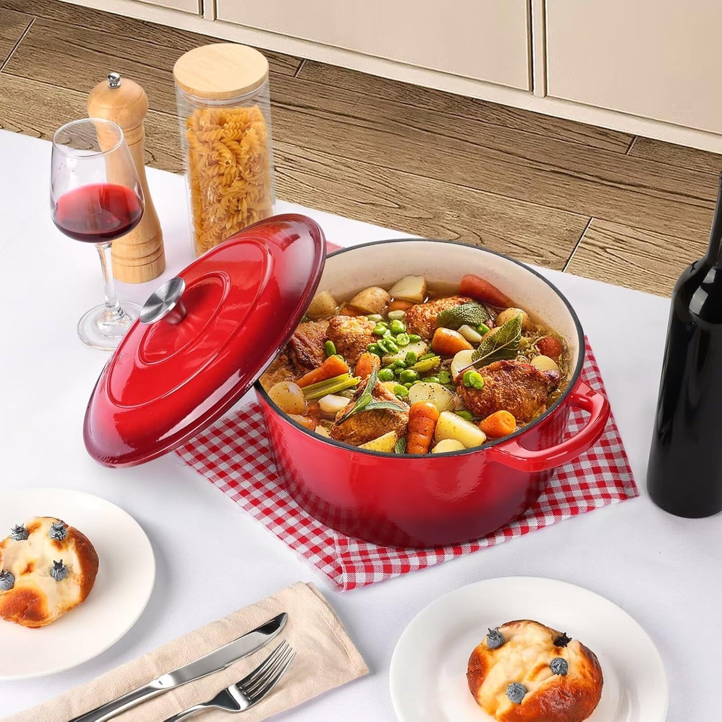 P&P CHEF 6 Quart Enameled Cast Iron Dutch Oven Pot for Braising, Stewing, Roasting, Baking - Red Color