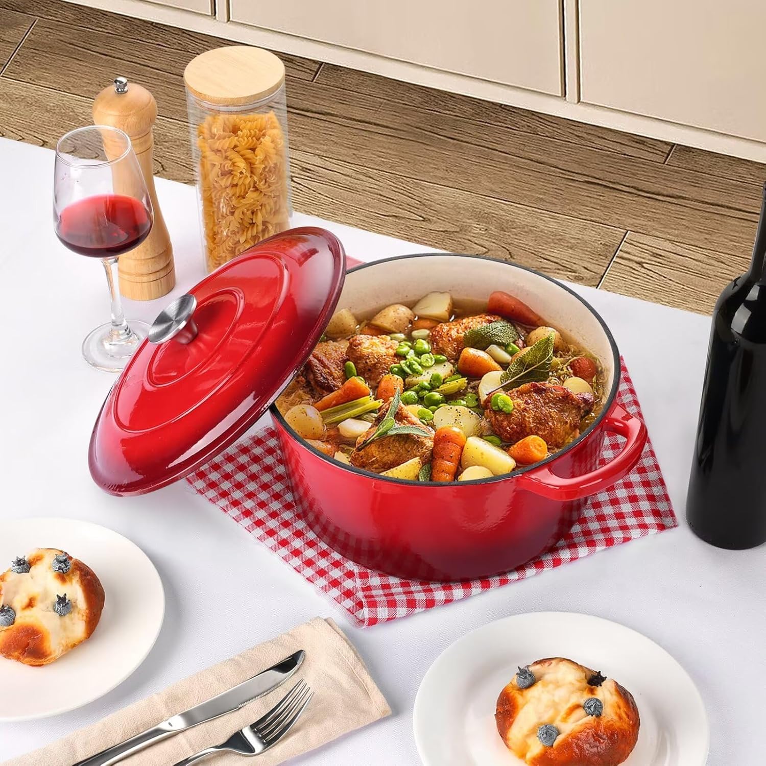 P&P CHEF 6 Quart Enameled Cast Iron Dutch Oven Pot for Braising, Stewing, Roasting, Baking - Red Color