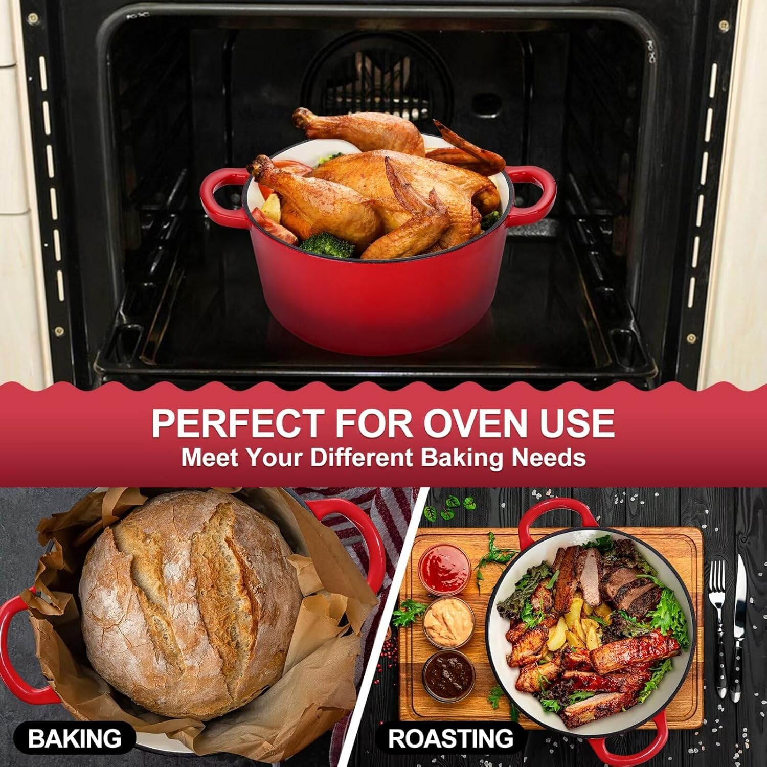 P&P CHEF 6 Quart Enameled Cast Iron Dutch Oven Pot for Braising, Stewing, Roasting, Baking - Red Color