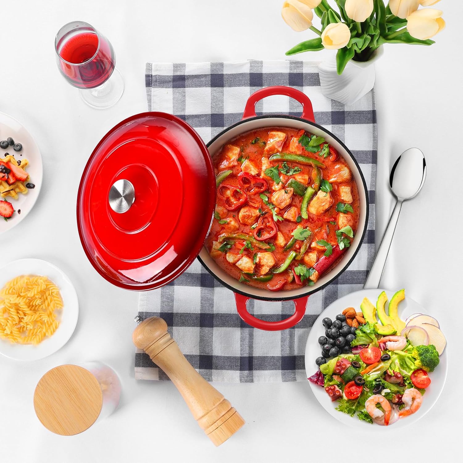 P&P CHEF 6 Quart Enameled Cast Iron Dutch Oven Pot for Braising, Stewing, Roasting, Baking - Red Color