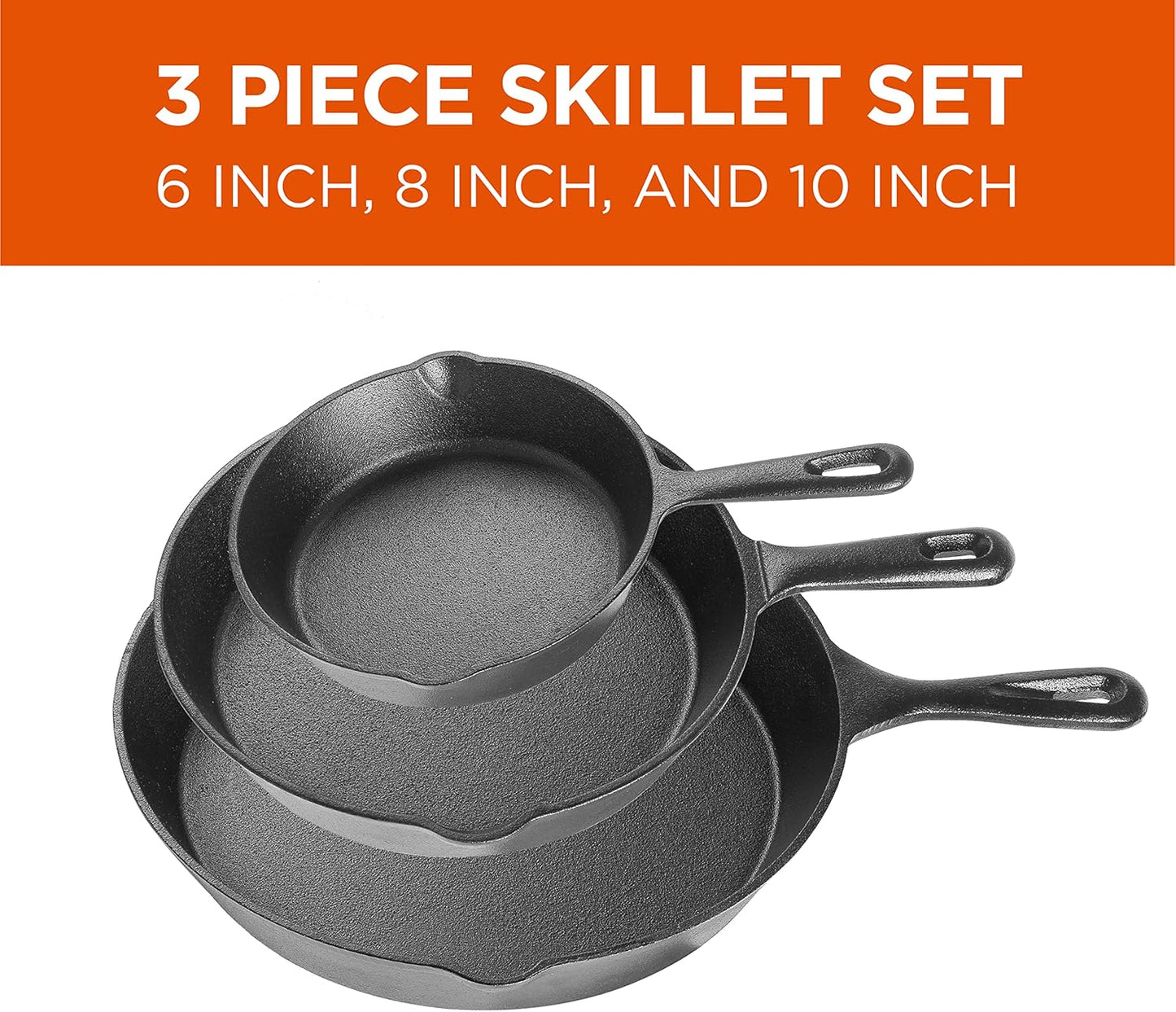 Pre-Seasoned Cast Iron Skillet Set - 6", 8", and 10" - Black Cookware for Commercial CHEF