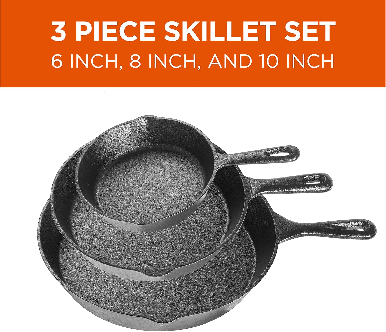 Pre-Seasoned Cast Iron Skillet Set - 6", 8", and 10" - Black Cookware for Commercial CHEF