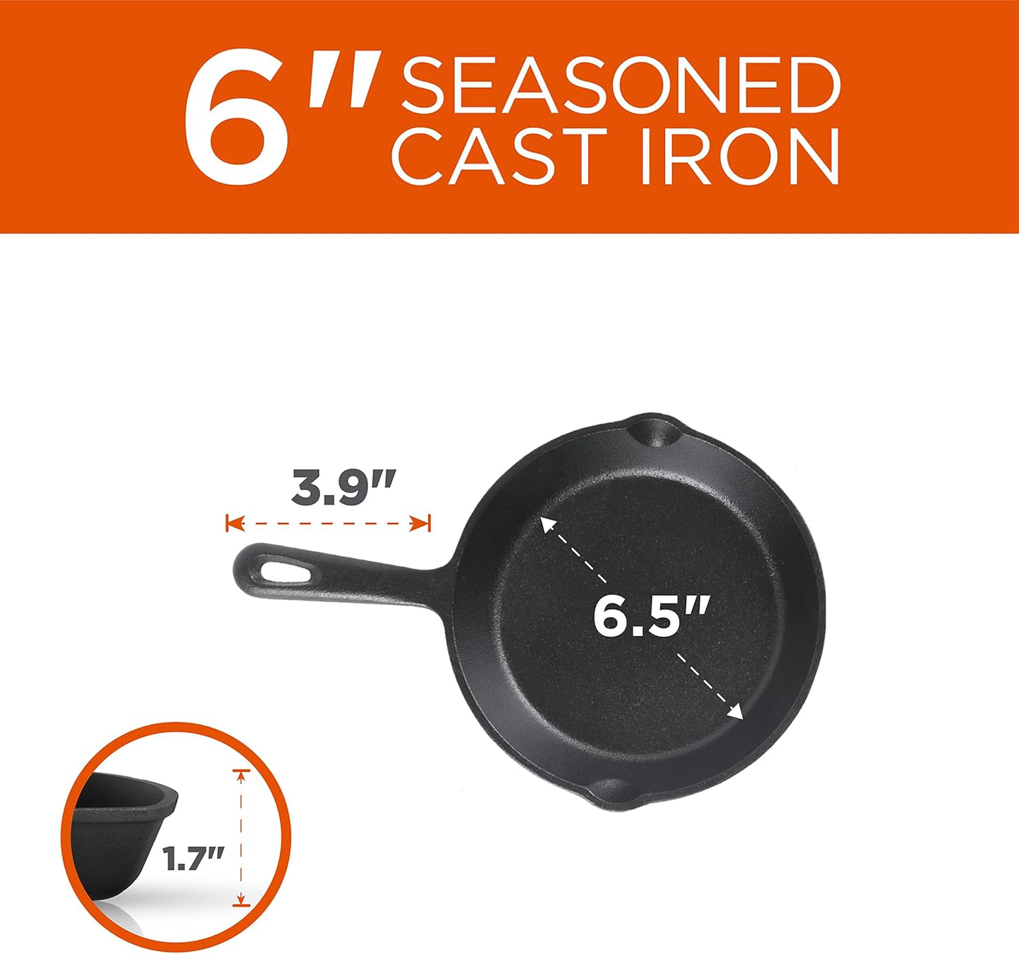 Pre-Seasoned Cast Iron Skillet Set - 6", 8", and 10" - Black Cookware for Commercial CHEF