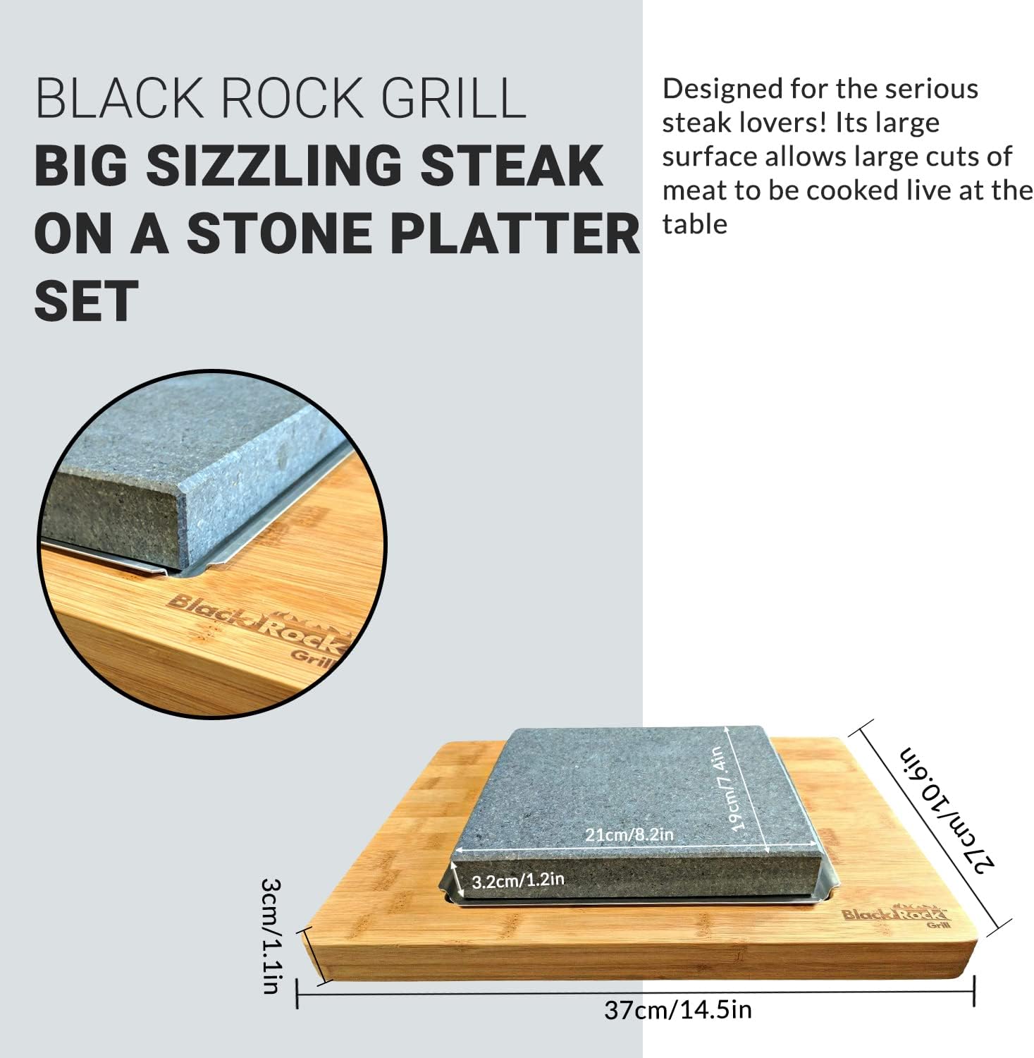 Premium Large Steak Stone Set with Black Rock Grill for Serious Steak Lovers - Big Sizzle Steak Platter