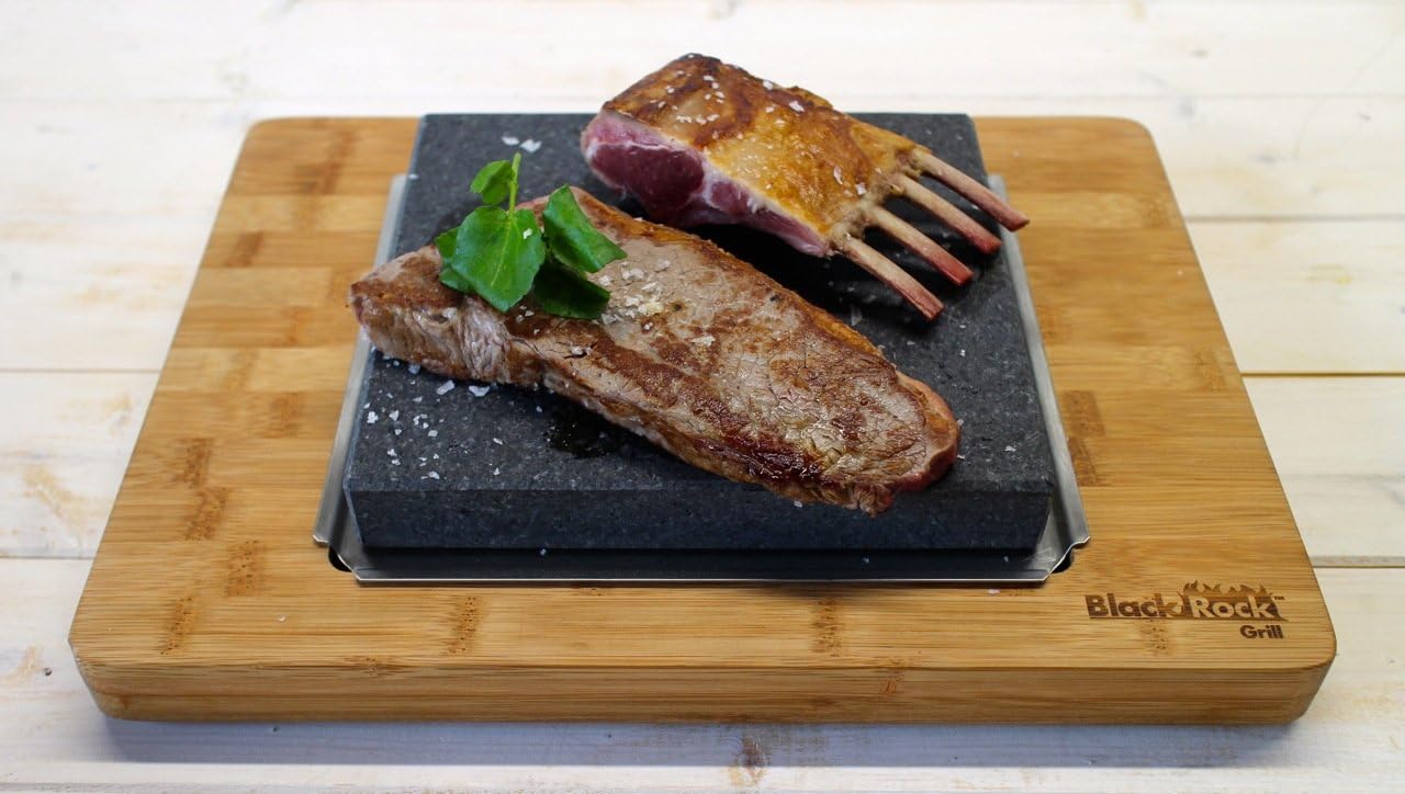 Premium Large Steak Stone Set with Black Rock Grill for Serious Steak Lovers - Big Sizzle Steak Platter