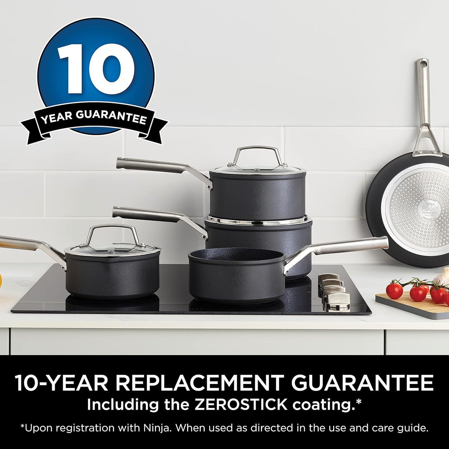 Premium Non-Stick 28cm Wok with Glass Lid, Hard Anodised Aluminium, Induction Compatible, Oven Safe - Ninja ZEROSTICK Grey Cookware