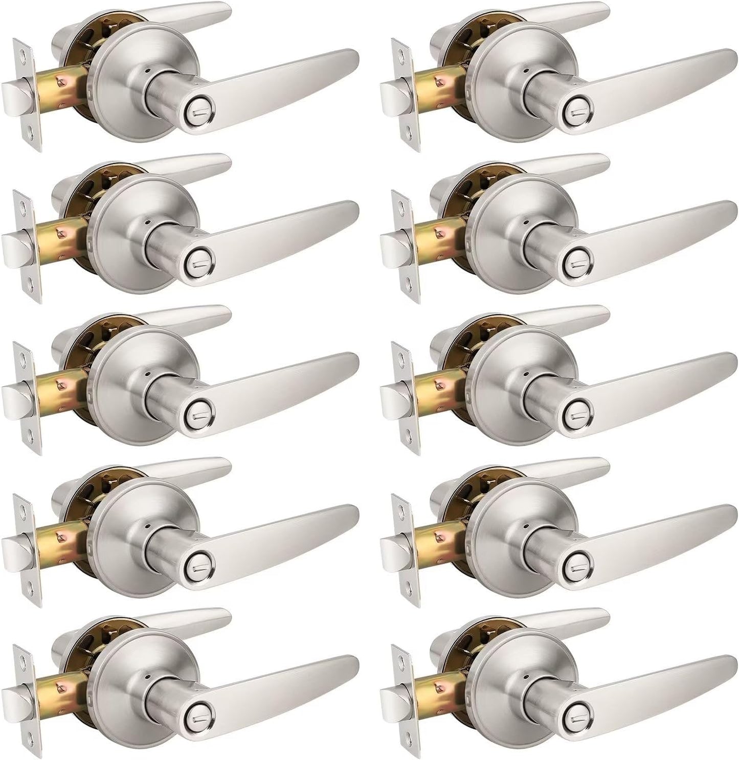 Probrico 10 Pack Privacy Door Lever Handle Set for Bedroom/Bathroom, Keyless Lock in Satin Nickel - Modern & Durable Home/Office Hardware