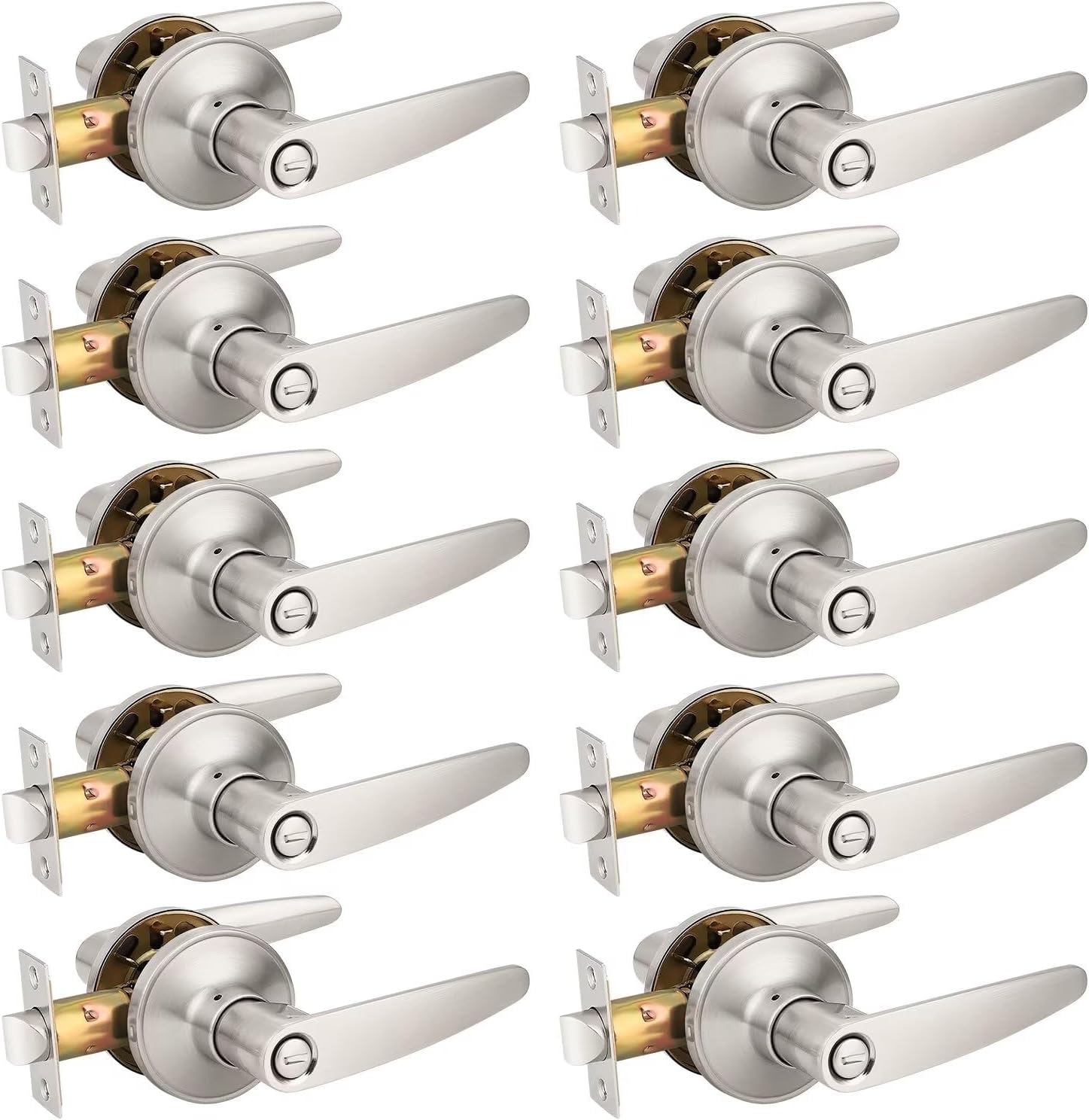 Probrico 10 Pack Privacy Door Lever Handle Set for Bedroom/Bathroom, Keyless Lock in Satin Nickel - Modern & Durable Home/Office Hardware