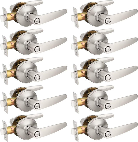 Probrico 10 Pack Privacy Door Lever Handle Set for Bedroom/Bathroom, Keyless Lock in Satin Nickel - Modern & Durable Home/Office Hardware
