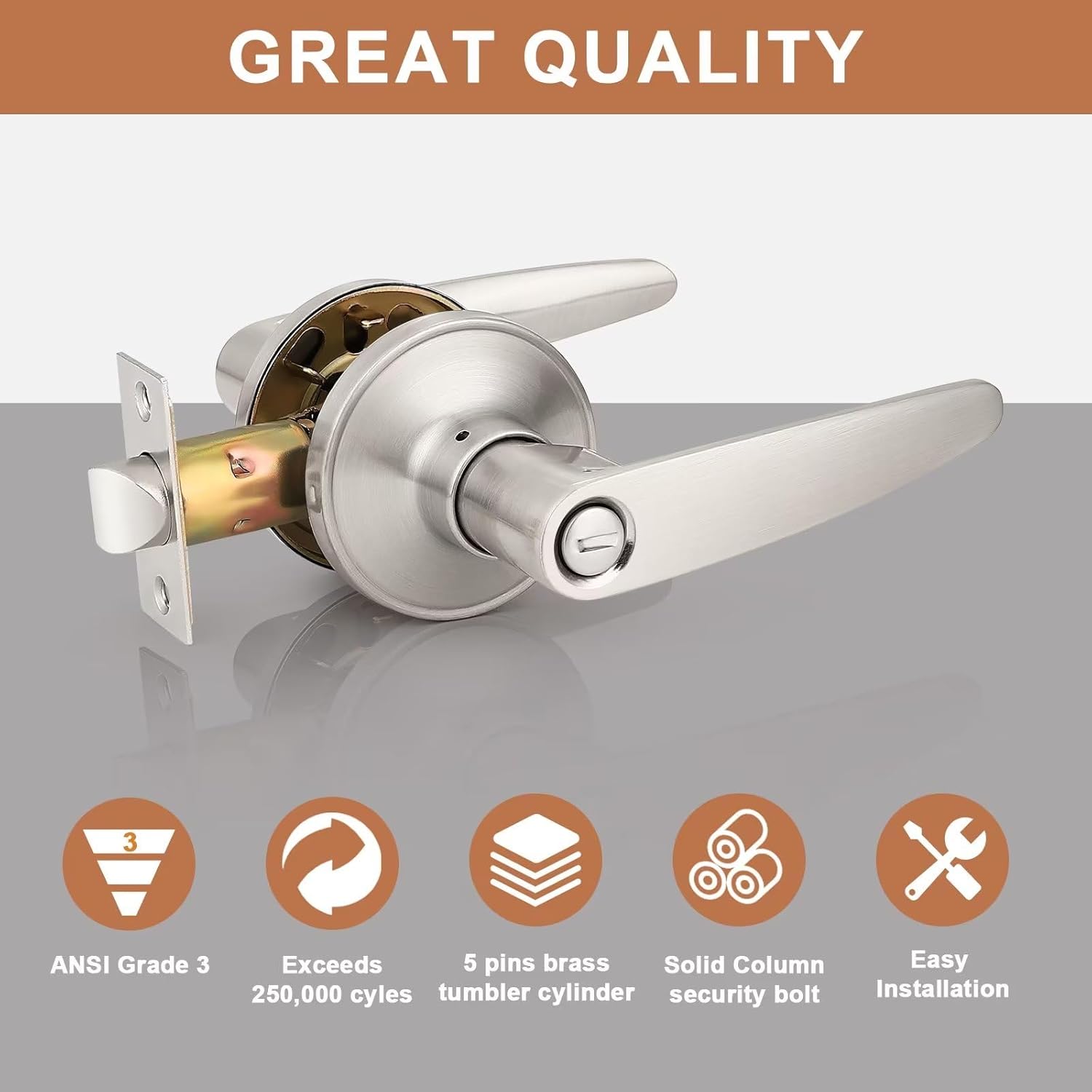 Probrico 10 Pack Privacy Door Lever Handle Set for Bedroom/Bathroom, Keyless Lock in Satin Nickel - Modern & Durable Home/Office Hardware