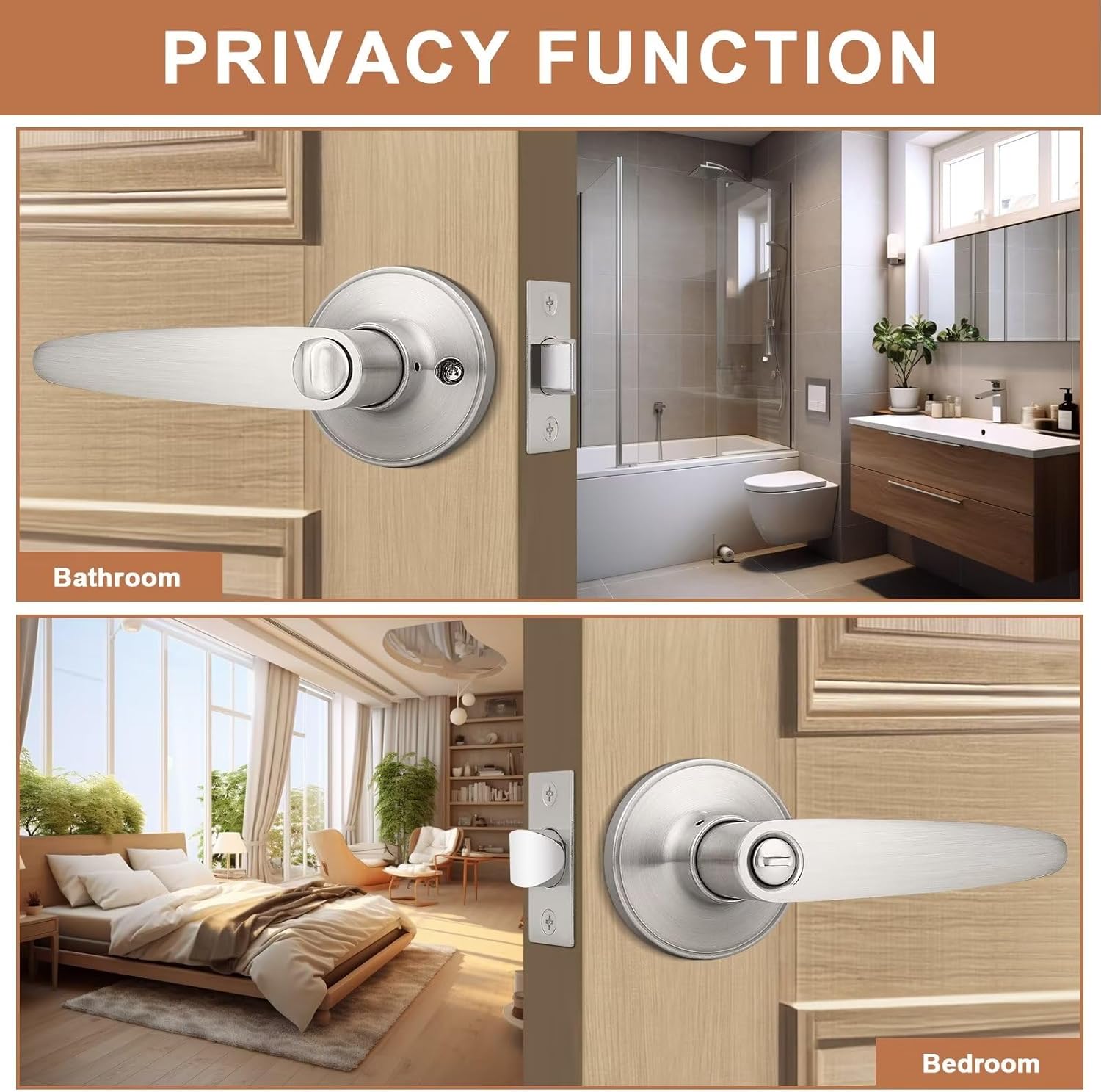 Probrico 10 Pack Privacy Door Lever Handle Set for Bedroom/Bathroom, Keyless Lock in Satin Nickel - Modern & Durable Home/Office Hardware